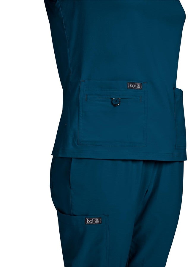 KOI Basics Becca Women's 4-Pocket Stretch Scrub Top Caribbean Blue X-Small - Image 3